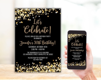 Black and Gold Glitter Birthday Invitation, Editable Template (Digital Invitation)