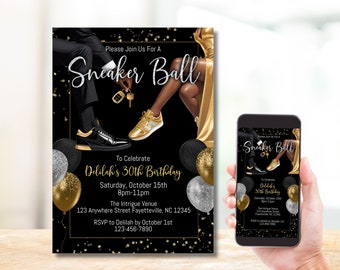 EDITABLE Black Gold Silver Sneaker Ball Party Invitation, Black and Gold Birthday Party, Glitter Evite, Digital Invitation Template