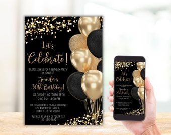 Black and Gold Birthday Invitation, Black and Gold Party, Gold Glitter Evite, Digital Invitation, Editable Template