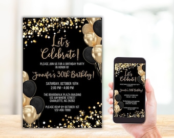 Black and Gold Glitter Birthday Invitation, Mobile Evite (Digital Invitation)
