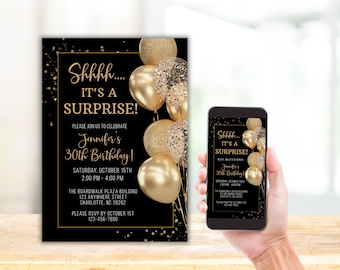 Black and Gold Surprise Birthday Invitation, Glitter Balloons (Digital Invitation)