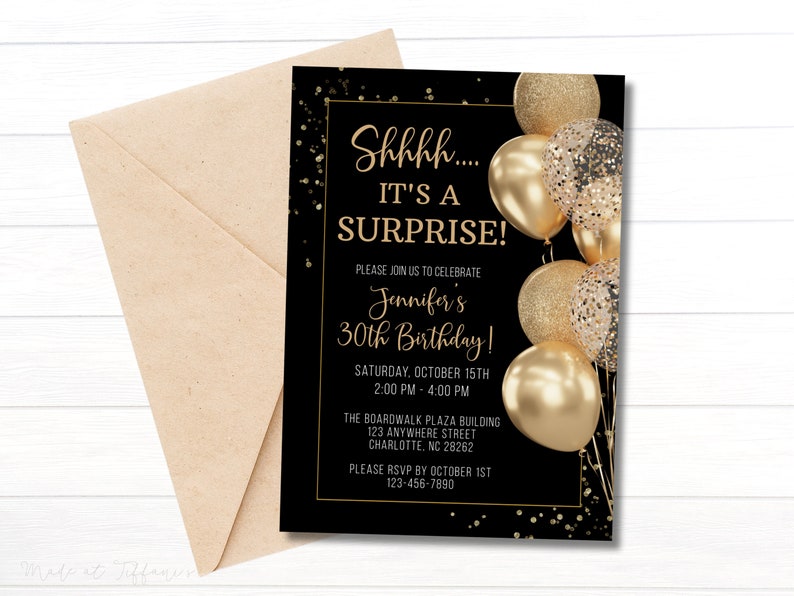 Black and Gold Birthday Invitation, Surprise Party Invite, Black and