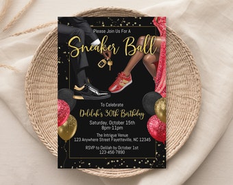 EDITABLE Black red gold Sneaker Ball Party Invitation, Birthday Party invite, Valentine’s Day Glitter Evite, Digital Invitation Template