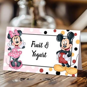 BEWERKBARE roze Minnie en Mickey Mouse voedseletiketten, tafeltentkaarten, gevouwen voedselplaatskaart voor verjaardag, jongen-meisje tweeling, gezamenlijke verjaardag broer of zus