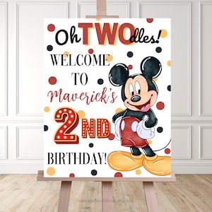 MODIFICABILE Oh TWOdles! Cartello di benvenuto per il compleanno di Topolino, 2° compleanno, secondo compleanno, bambino di 2 anni, pois rossi gialli neri, Oh toodles