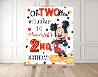 EDITABLE Oh TWOdles! Mickey Mouse Birthday welcome sign, 2nd Bday, second birthday, 2 year old boy, red yellow black polka dot, Oh toodles