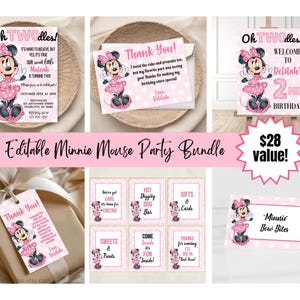 MODIFIABLE Lot de fête d'anniversaire Minnie Mouse Oh TWOdles, invitation, carte de remerciement, étiquette de cadeau, plaque de bienvenue, étiquettes d'aliments, 8 x 10 signes