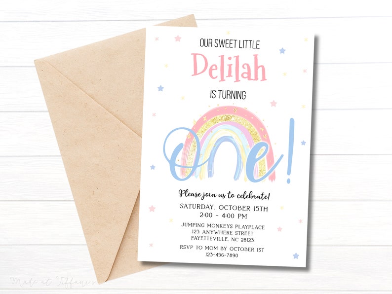 Rainbow 1st Birthday Invitation, Girl 1st Birthday Invite, First