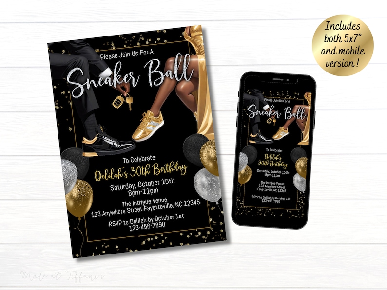 EDITABLE Black Gold Silver Sneaker Ball Party Invitation, Black and ...