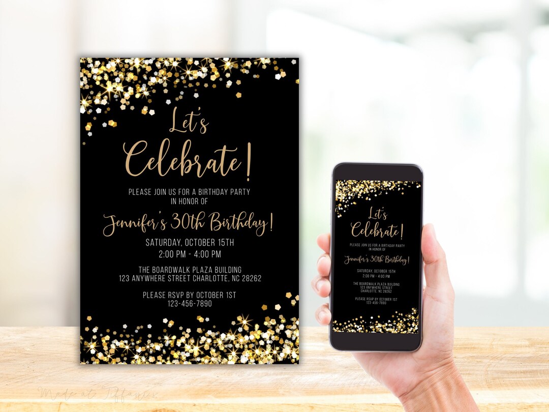 Black and Gold Glitter Birthday Invitation, Editable Template (digital ...
