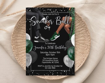 Noir émeraude vert chasseur argent blanc baskets blanc modifiable Invitation à une fête, une invitation à une fête d'anniversaire, un modèle d'Invitation numérique