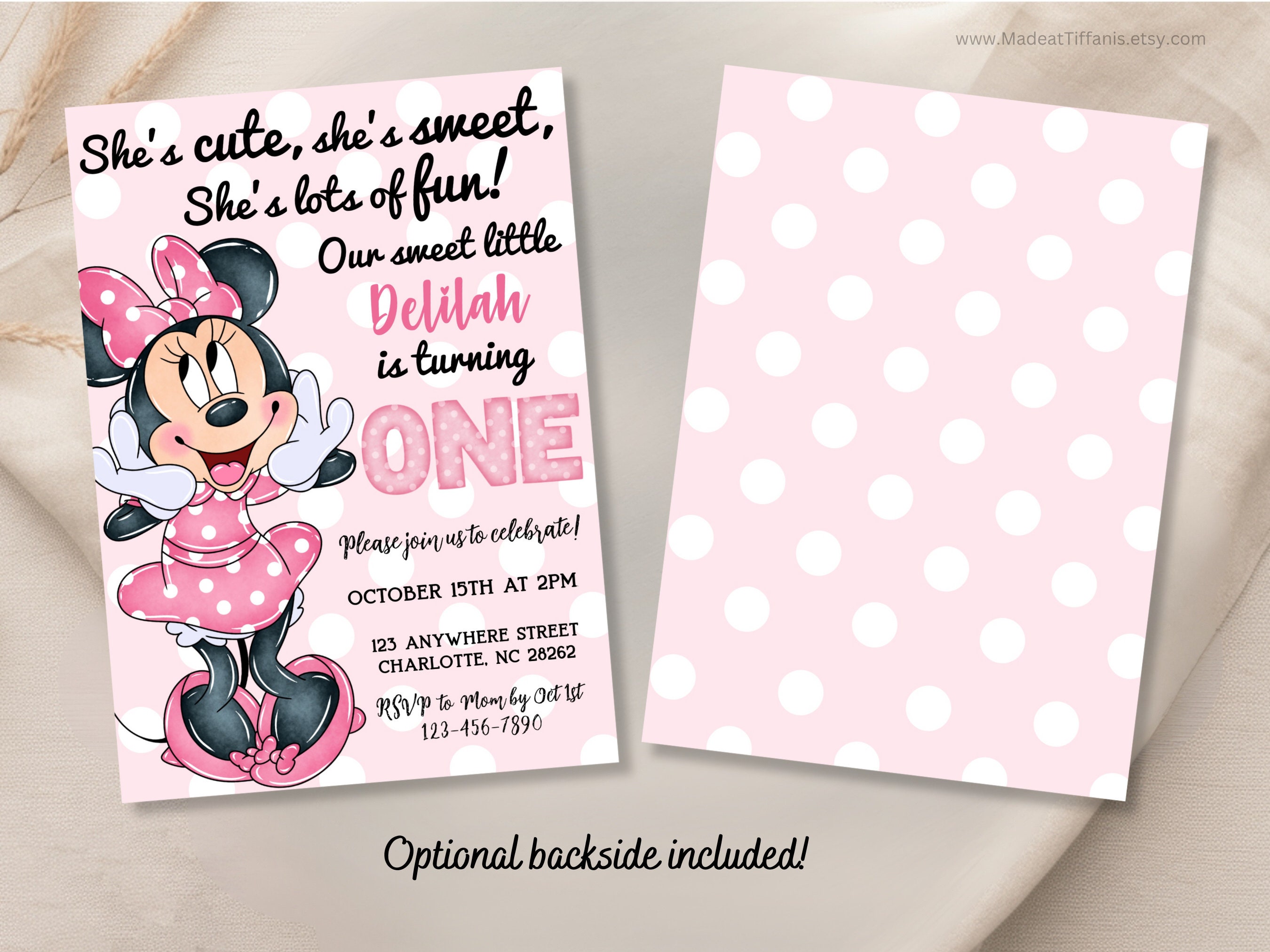 Editable Minnie Mouse 1st Birthday Invitation, Pink Polka Dot - Etsy