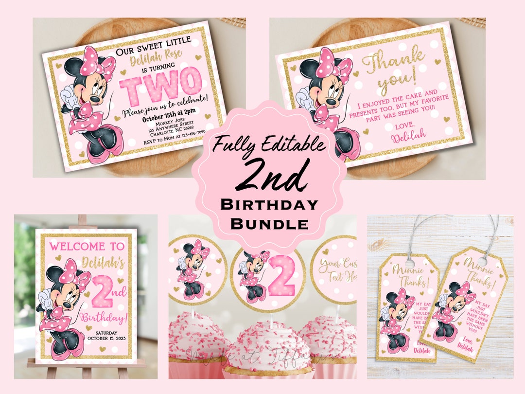 EDITABLE Minnie Mouse Second Birthday Bundle Pink and Gold Etsy