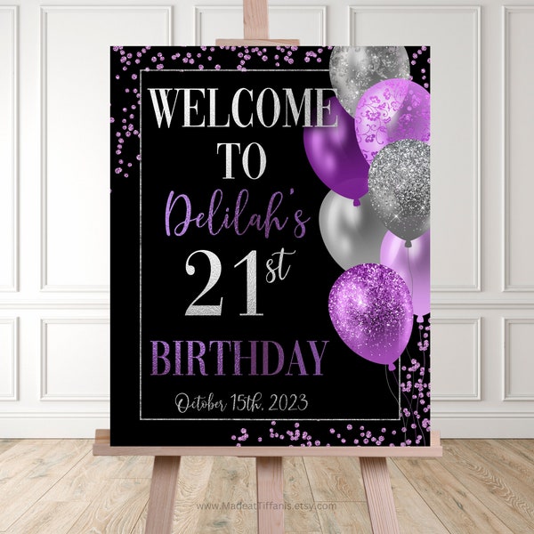 EDITABLE black purple silver balloons welcome sign, any age party decor, sweet 16, 21st birthday, 20th 30th 40th 50th 60th anniversary