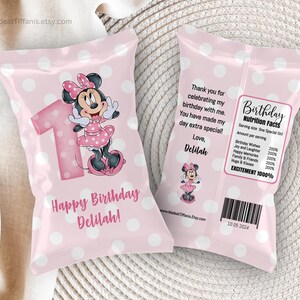 EDITIERBARE Minnie Maus 1st Geburtstag Chip Tasche, Party Favor, Chip Wrapper Vorlage, erster Geburtstag, 1st Bday, digitale Vorlage
