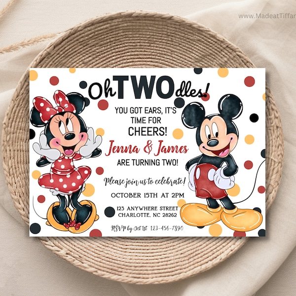 EDITABLE Oh TWOdles! Mickey and Minnie Mouse Sibling joint Birthday Invitation, Boy Girl Twins, Double Birthday, bday invite