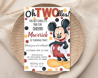 EDITABLE Oh TWOdles Mickey Mouse Birthday Invitation, 2nd Bday, second birthday, 2 year old boy, red yellow black polka dot, Oh toodles