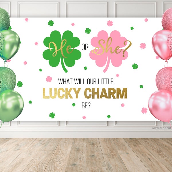 Gender Reveal backdrop banner, size 5x3 and 5x4 feet, St. Patrick’s Day 4 Leaf Clover Gender Reveal, Lucky Charm, Pink and green