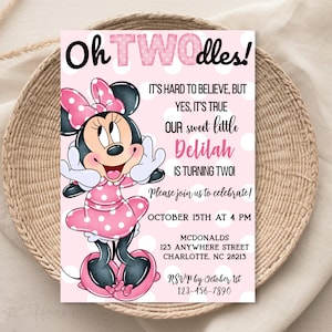 EDITABLE Oh TWOdles Minnie Mouse Birthday Invitation, 2nd Bday, second birthday, 2 year old, light pink polka dot, Oh toodles