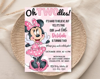 EDITABLE Oh TWOdles Minnie Mouse Birthday Invitation, 2nd Bday, second birthday, 2 year old, light pink polka dot, Oh toodles