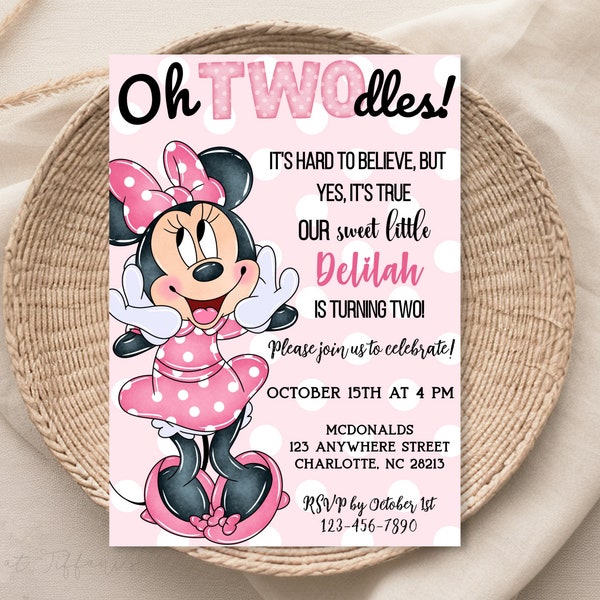 EDITABLE Oh TWOdles Invitación de cumpleaños de Minnie Mouse, 2do cumpleaños, segundo cumpleaños, 2 años, lunares rosa claro, Oh toodles