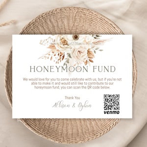 Tarjeta de fondo de luna de miel EDITABLE Boho con código QR, rústica floral, boho, beige natural topo blanco y verde oliva, hierba de la pampa. boda