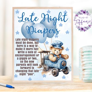 EDITIERBARE Late Night Windeln Zeichen, können wir tragen Babyparty Dekor, Teddybär auf einem Zug mit Luftballons warten, bearbeitbare Vorlage
