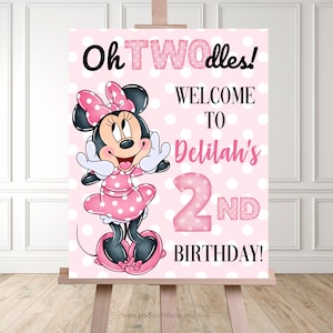 Letrero de bienvenida de cumpleaños de Minnie Mouse Oh TWOdles EDITABLE, decoración de fiesta, segundo cumpleaños, segundo cumpleaños, 2 años, lunares rosa claro, Oh toodles