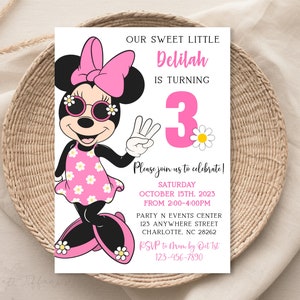 Invito MODIFICABILE per il 3° compleanno di Minnie Mouse, 3° compleanno, terzo compleanno, 3 anni, Minnie rosa con margherite, fiori di margherita