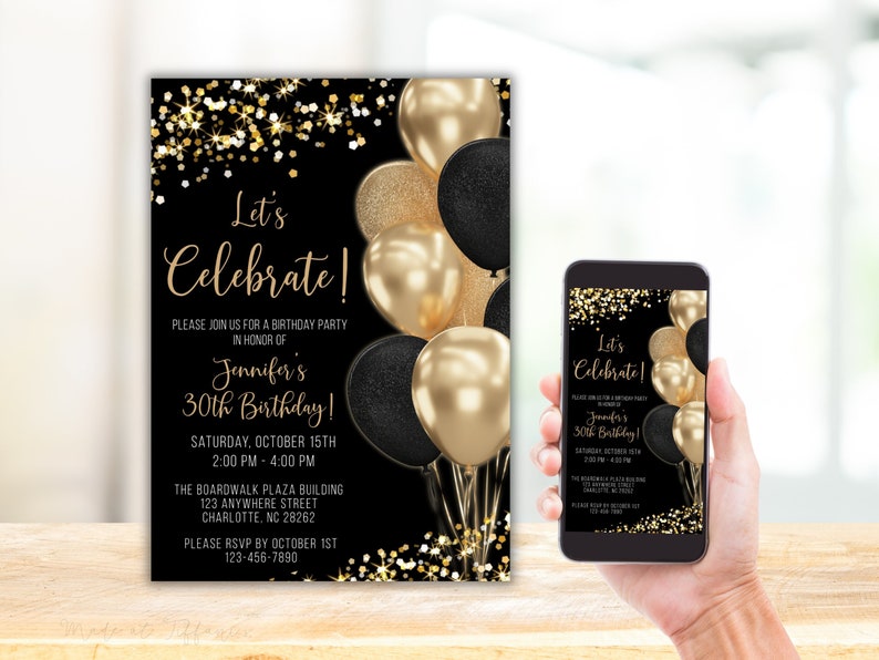 Black and Gold Birthday Invitation, Black and Gold Party, Gold Glitter