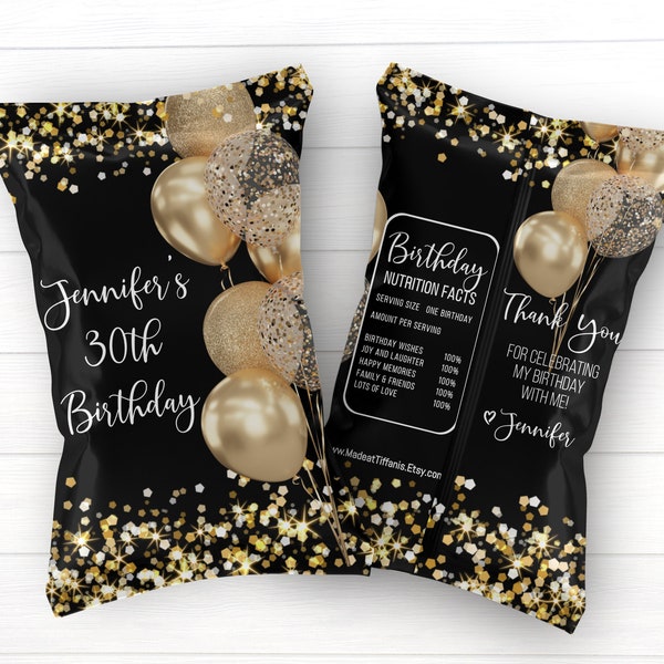 EDITABLE black and gold chip bag template, birthday chip wrapper, chip label, party favor, glitter, editable template