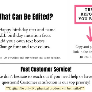K&ouml;nnte beinhalten: Eine rosa und wei&szlig;e Grafik mit dem Text "What Can Be Edited?" und einer Liste von editierbaren Funktionen f&uuml;r eine digitale Geburtstagskarte. Der Text "TRY BEFORE YOU BUY!" befindet sich in einem rosa Kasten mit einem rosa Pfeil, der nach unten zeigt. Der Text "Fast Customer Service!" ist in fettem Schwarz. Der Text "Please don't hesitate to reach out if you need help or have any questions! Customer satisfaction is our top priority!" ist in Schwarz. Der Text "**Digital file only. No physical product will be mailed**" ist in fettem Schwarz.