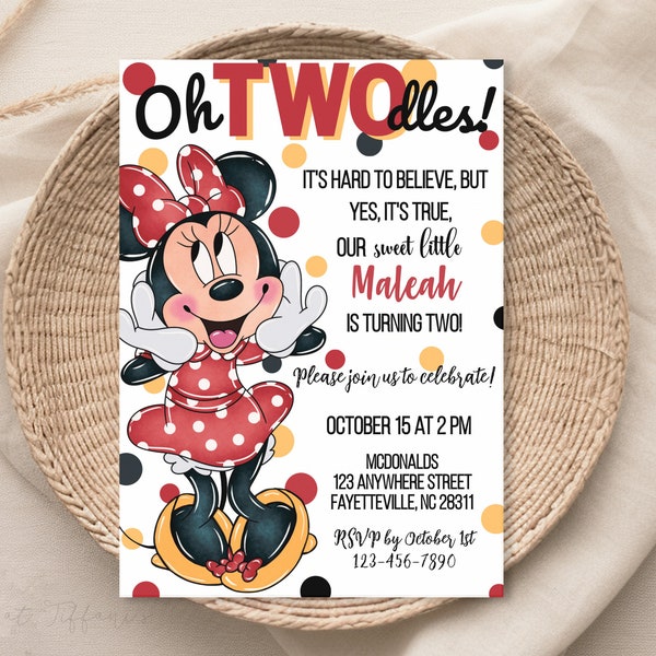 EDITABLE Oh TWOdles Red Minnie Mouse Birthday Invitation, 2nd Bday, second birthday, 2 year old, red yellow black polka dot, Oh toodles
