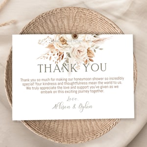 BEWERKBARE Boho huwelijksreis bedankkaart, rustieke bloemen, boho, natuurlijk beige taupe wit en olijfgroen, pampagras. bruiloft