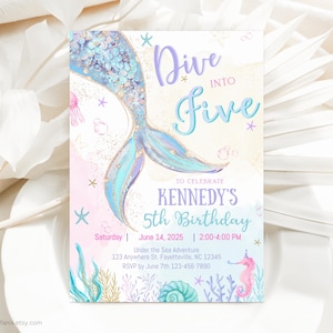 Mermaid 5th Birthday Invitation, Dive Into Five, Pastel Pool Party (EDITABLE)