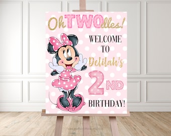 MODIFICABILE Oh TWOdles Minnie Mouse Cartello di benvenuto per il compleanno, Decorazione per feste, 2° compleanno, secondo compleanno, 2 anni, rosa e oro, Oh toodles
