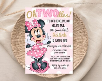 EDITABLE Oh TWOdles Minnie Mouse Birthday Invitation, pink and gold 2nd Bday, second birthday, 2 year old, light pink polka dot, Oh toodles