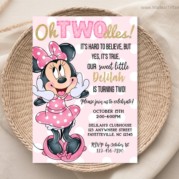 EDITABLE Oh TWOdles Minnie Mouse Birthday Invitation, pink and gold 2nd Bday, second birthday, 2 year old, light pink polka dot, Oh toodles