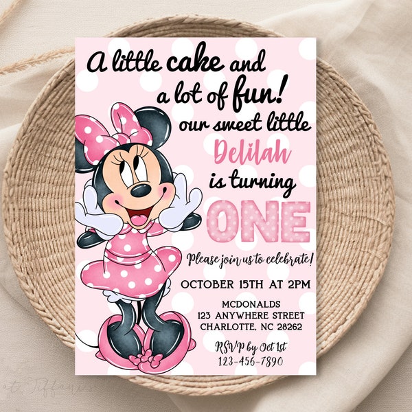 EDITABLE Minnie Mouse 1st Birthday Invitation, 1st Bday, first birthday, 1 year old, light pink polka dot
