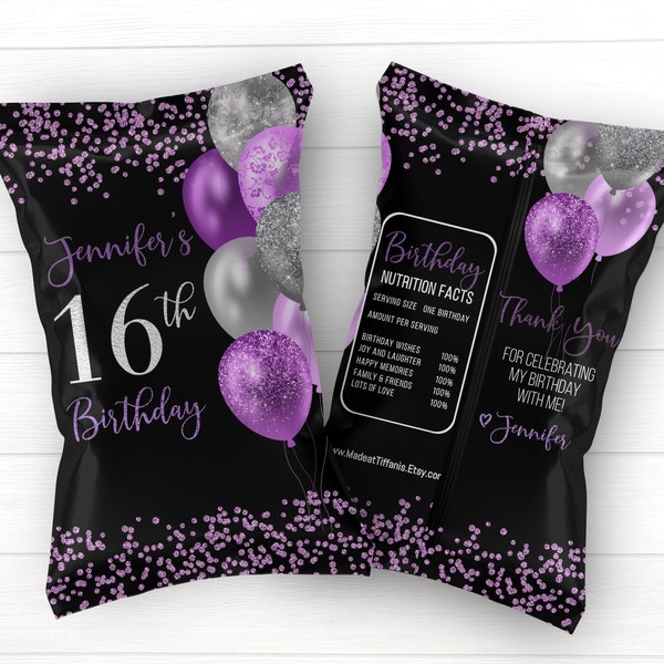 EDITABLE black purple and silver chip bag template, birthday chip wrapper, chip label, party favor, glitter, editable template