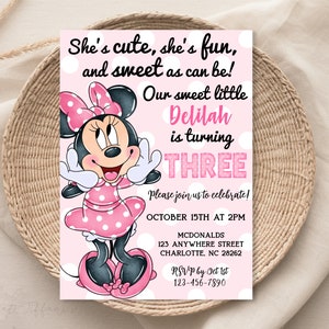 Invitación editable para el tercer cumpleaños de Minnie Mouse, tercer cumpleaños, tercer año, lunares rosa claro