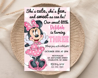 EDITIERBARE Minnie Maus 3 Geburtstagseinladung, 3rd Bday, dritter Geburtstag, 3 Jahre alt, hellrosa Tupfen