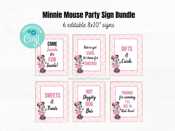Editable Minnie Mouse Birthday Party Signs, 8x10 (Digital)