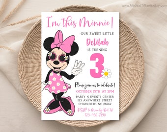 EDITABLE Minnie Mouse 3rd Birthday Invitation, 3rd Bday, third birthday, 3 year old, pink Minnie with daisies, daisy flowers