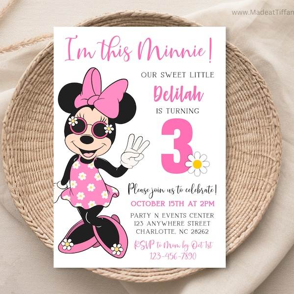 EDITABLE Minnie Mouse 3rd Birthday Invitation, 3rd Bday, third birthday, 3 year old, pink Minnie with daisies, daisy flowers