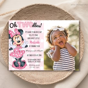 MODifiable Oh TWODles Minnie Mouse Birthday Invitation avec photo, 2e anniversaire de mariage, deuxième anniversaire, 2 ans, pois rose clair, Oh Toodles