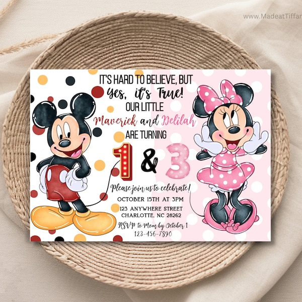 EDITABLE Minnie and Mickey Mouse Sibling joint Birthday Invitation, Girl and Boy, Double Birthday, Mickey Mouse clubhouse bday invite