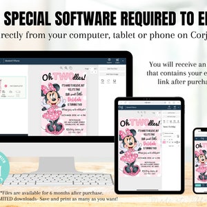 K&ouml;nnte beinhalten: Ein digitales Mockup einer druckbaren Einladung zu einer Kindergeburtstagsparty zum zweiten Geburtstag. Die Einladung zeigt ein Cartoon-Bild von Minnie Mouse in einem rosa Kleid mit wei&szlig;en Punkten. Der Text auf der Einladung lautet "Oh TWOdles!" und enth&auml;lt den Namen des Kindes, das Alter und die Partydetails.