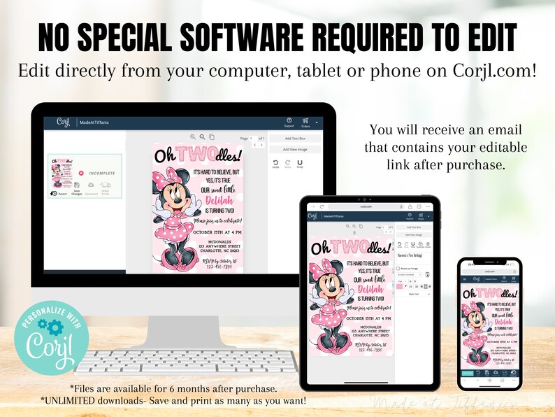 K&ouml;nnte beinhalten: Ein digitales Mockup einer druckbaren Einladung zu einer Kindergeburtstagsparty zum zweiten Geburtstag. Die Einladung zeigt ein Cartoon-Bild von Minnie Mouse in einem rosa Kleid mit wei&szlig;en Punkten. Der Text auf der Einladung lautet "Oh TWOdles!" und enth&auml;lt den Namen des Kindes, das Alter und die Partydetails.