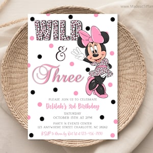 Invitation MODifiable Minnie Mouse pour le 3e anniversaire, sauvage et 3 ans, 3e anniversaire de naissance, troisième anniversaire, 3 ans, Minnie rose, imprimé léopard guépard